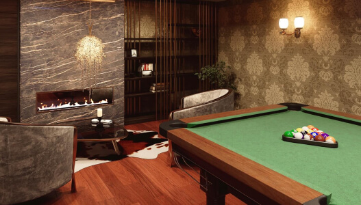 element home solutions elegant indoor billiards room with a fireplace patterned wallpaper and stylish furniture