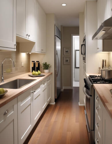 element home solutions long narrow kitchen featuring white cabinets and elegant wooden floors