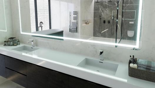 element home solutions modern bathroom with a double vanity and illuminated mirror