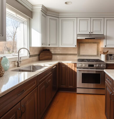 element home solutions modern kitchen featuring white cabinets and warm wood floors creating a bright and inviting atmosphere