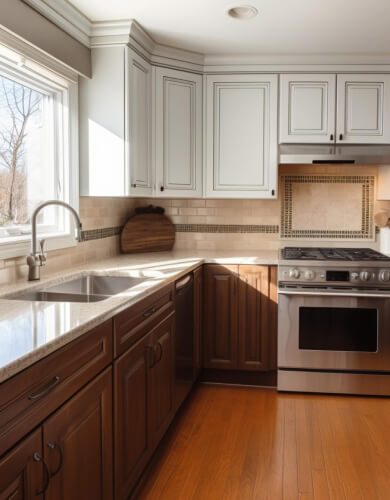 element home solutions pristine kitchen featuring wooden floors and elegant white cabinets